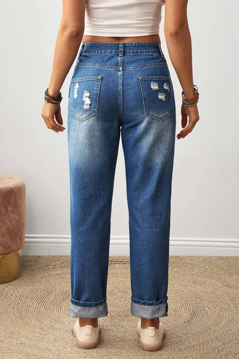 Women's Floral Embroidery Pockets Casual Straight Leg Jeans