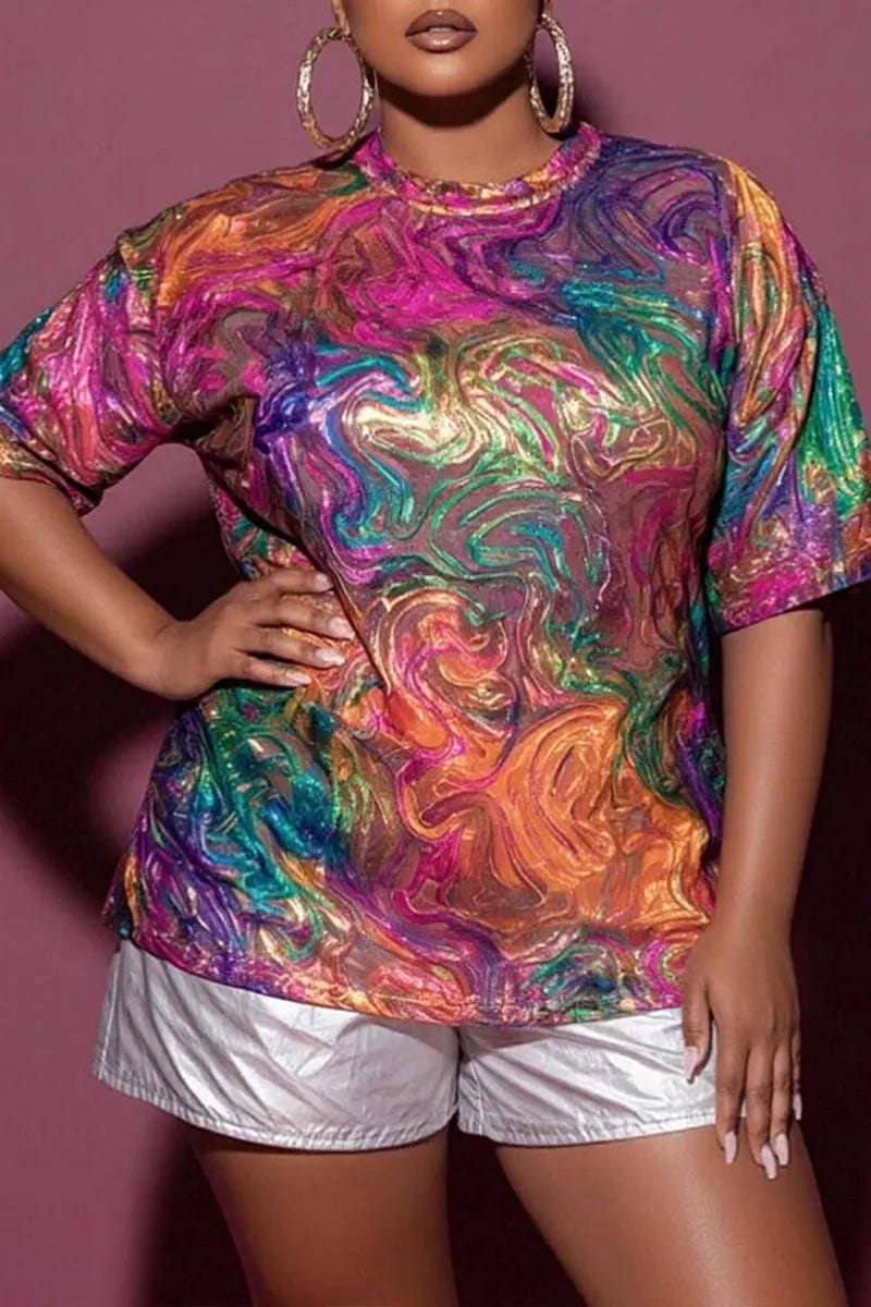 Women Round Neck Colorful Whirlpool Casual Top