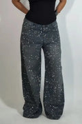 Women's Pattern Hot Pressed Diamond Casual Wide Leg Jeans