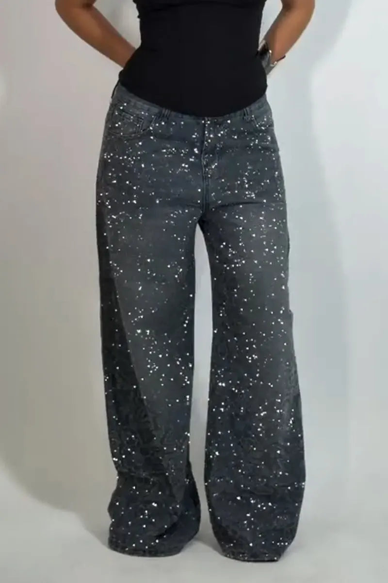 Women's Pattern Hot Pressed Diamond Casual Wide Leg Jeans