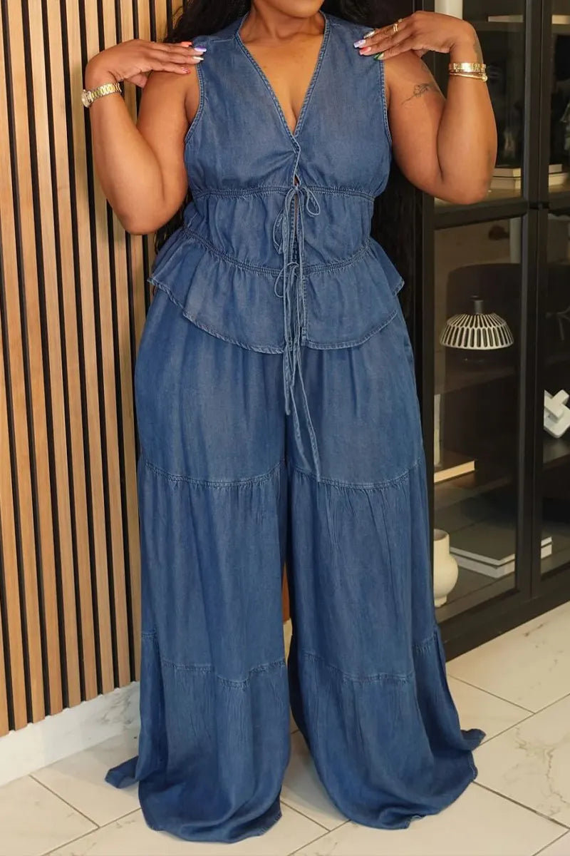 Women's Casual Tie Back Vest & Tiered Wide Leg Jeans