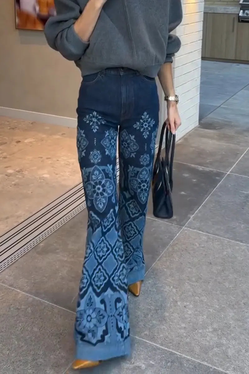 Women's Casual Versatile Wide Leg Pattern Print Jeans