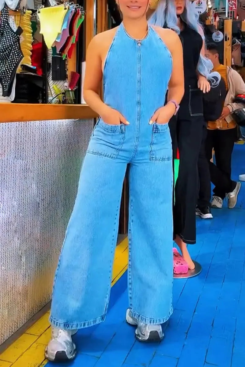 Women Neck Hanging Back Hollow Splicing Casual Denim Jumpsuit