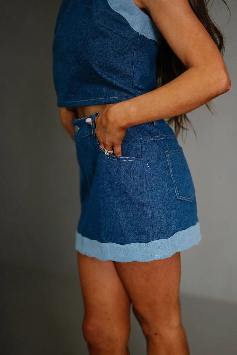 Women's Casual Off Shoulder Denim Top Or Short Denim Skirt