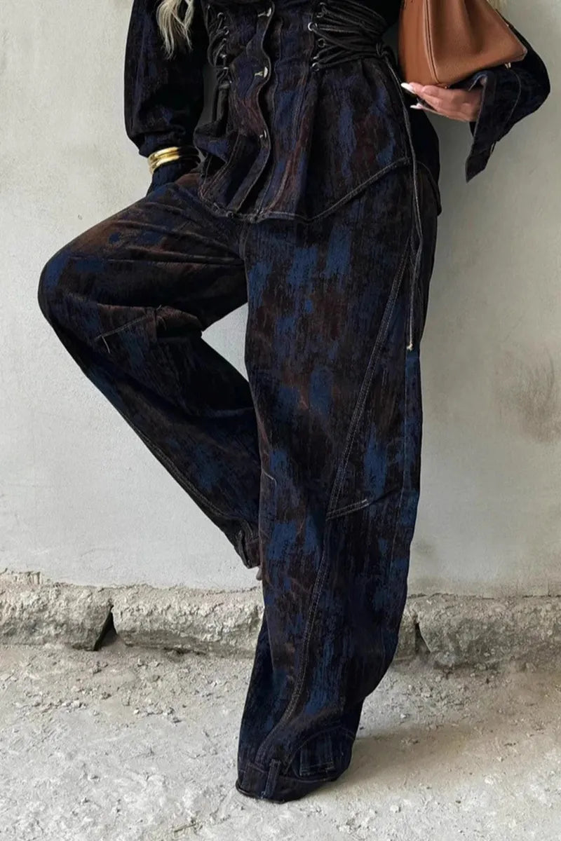 Women's Printed Contrast Lace-Up Denim Jacket And Jeans Sets