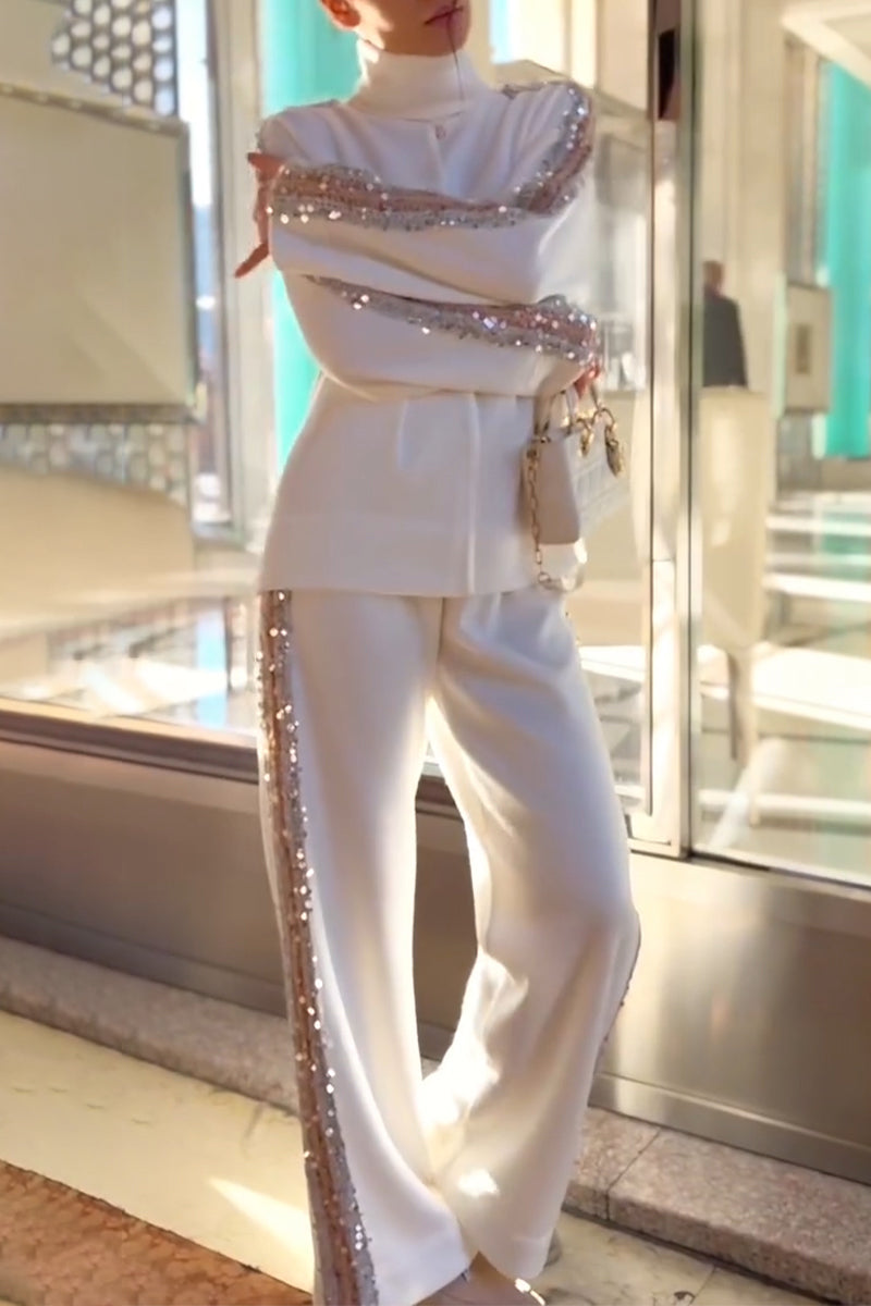 Women's Casual Standing Collar Side Sequin Patchwork Top or Pants