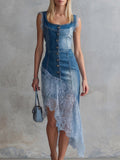 Women's Square-neck Sleeveless Slim-fit Casual Denim-paneled Dress