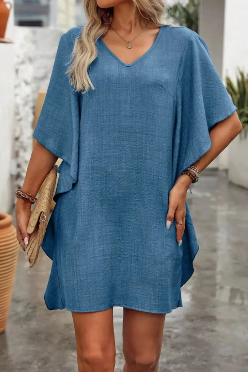 Women Light Wash Chambray Ruffle Sleeve V Neck Loose Fit Short Tunic Casual Dress
