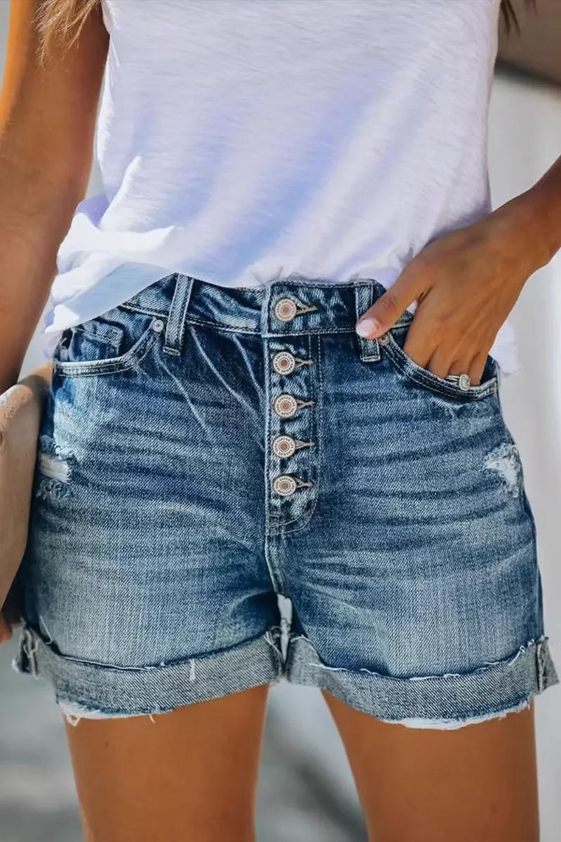 Women's Casual Button Front Ripped Rolled Hem Denim Shorts