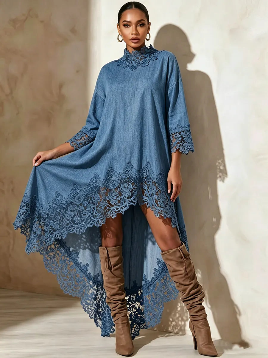 Vintage Lace Mock-neck Denim Maxi Dress