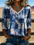 Women's Floral Print Casual Hollow-out Denim Shirt
