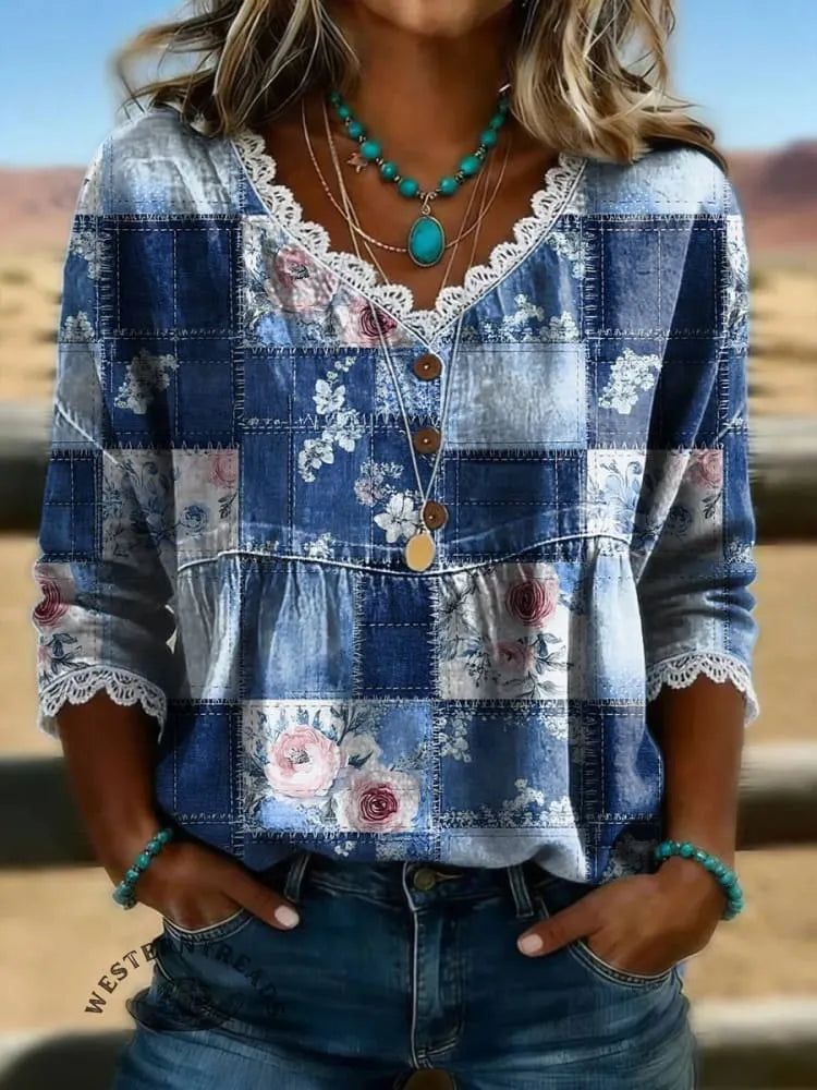 Women's Floral Print Casual Hollow-out Denim Shirt