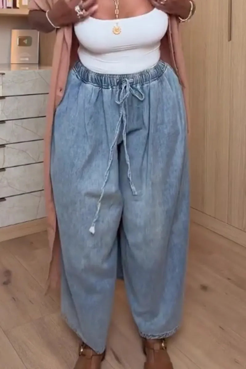 Women's Casual Lace Up Loose Wide Leg Jeans