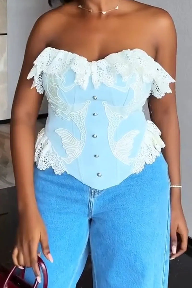 Women Strapless Patchwork Lace Pattern Sexy Casual Top