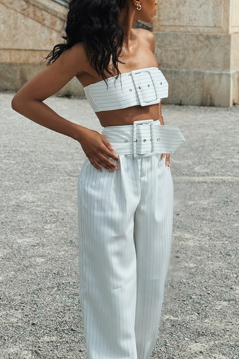 Women's Fashion Large Button Decoration Strapless Pants Stripe Two-Piece Set