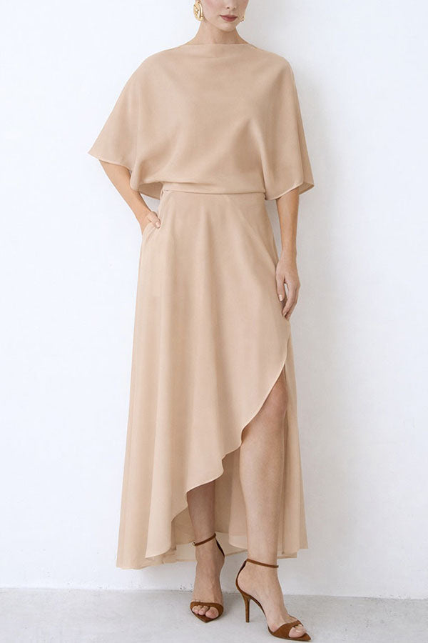Satin Wrap Asymmetric Maxi Dress | Half-Sleeve Draped Silhouette