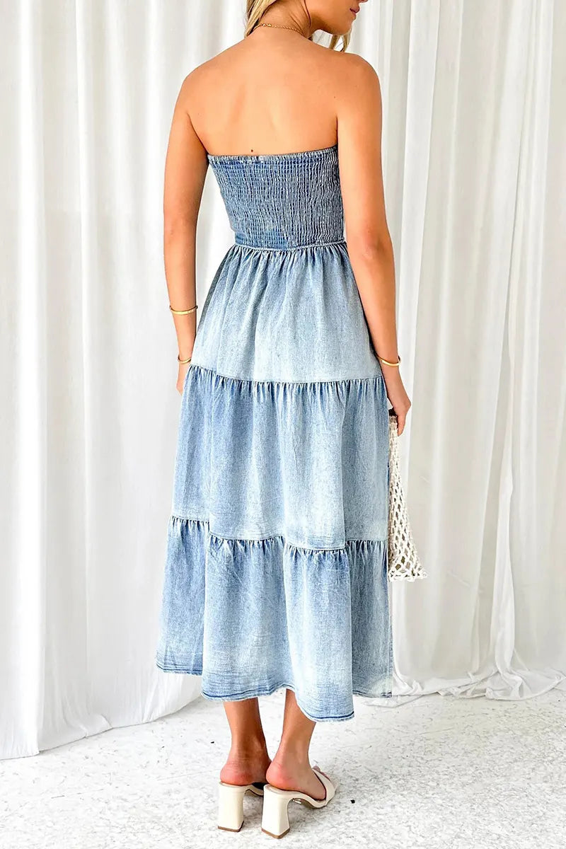 Women's Elegant Hemline Side Slit Bustier Denim Cake Dress