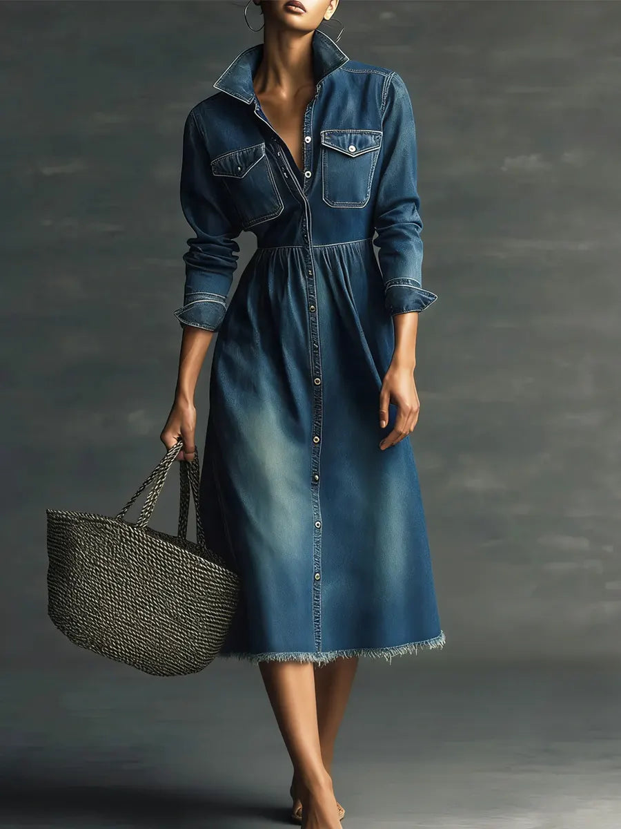 Women's Stylish Art Casual Stand Collar Washed Denim Dress