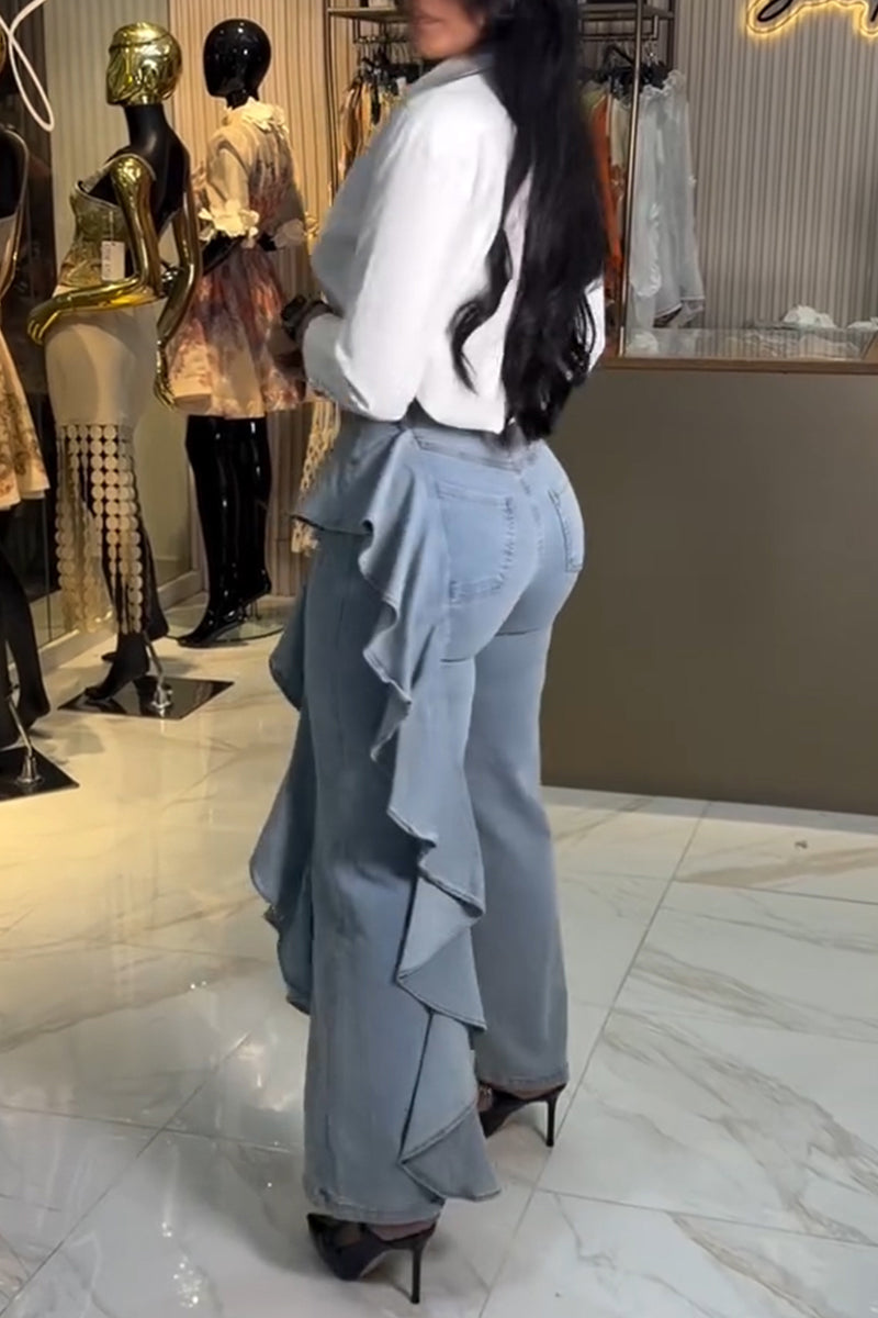 Women's Fashion One-Side Ruffle Patchwork Straight Jeans