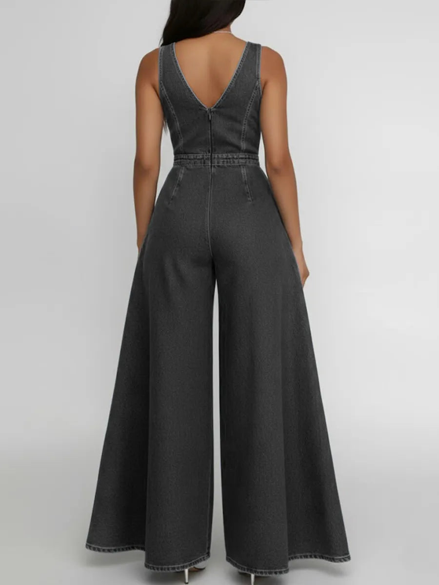 Women's Round Neck Sleeveless Casual Loose Wide-leg Denim Jumpsuit
