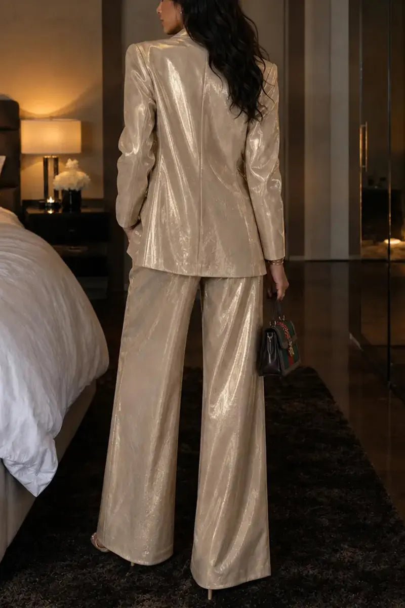 Women's Elegant Notch Lapel Satin Champagne Blazer Wide Leg Pants Set