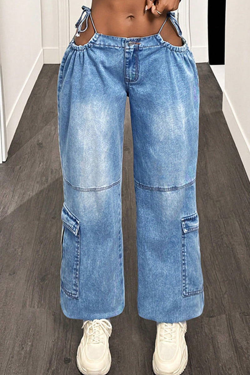 Women's Casual Lace Up Wide Leg Jeans
