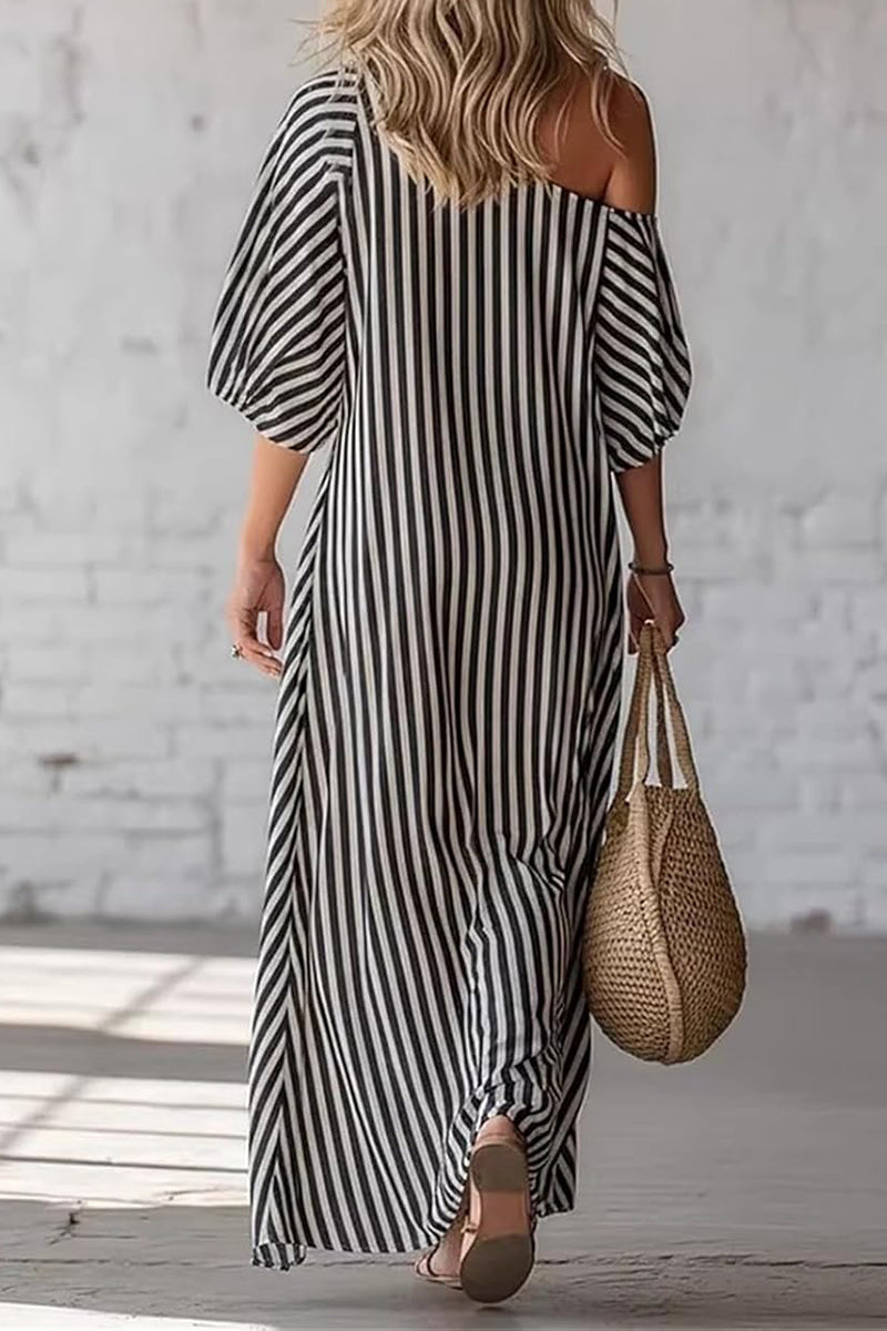Women's Vacation Stripe Asymmetric Neckline Puff Sleeve Maxi Dress