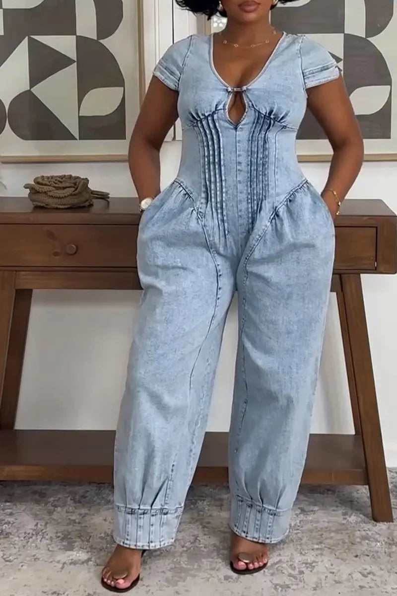 Women's Casual Waist Cinching Pleated Denim Jumpsuit