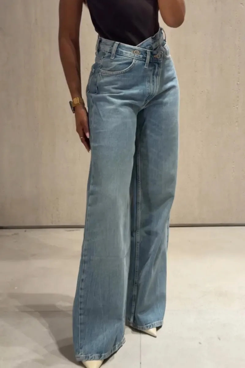 Women's Casual Asymmetric Fly Design Wide Leg Jeans