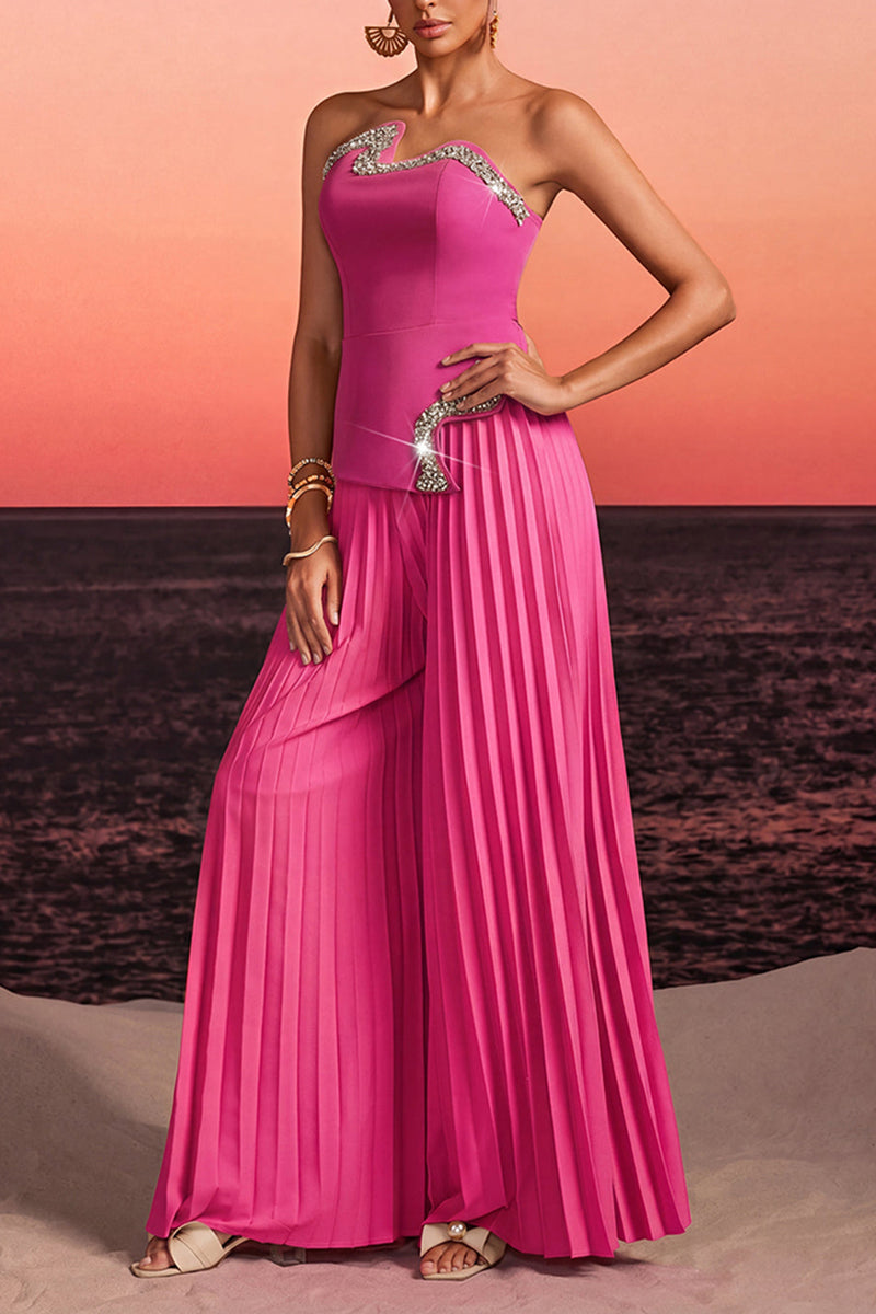 Women's Elegant Party Shiny Rhinestone Strapless or Pleated Pants Two-Piece Set