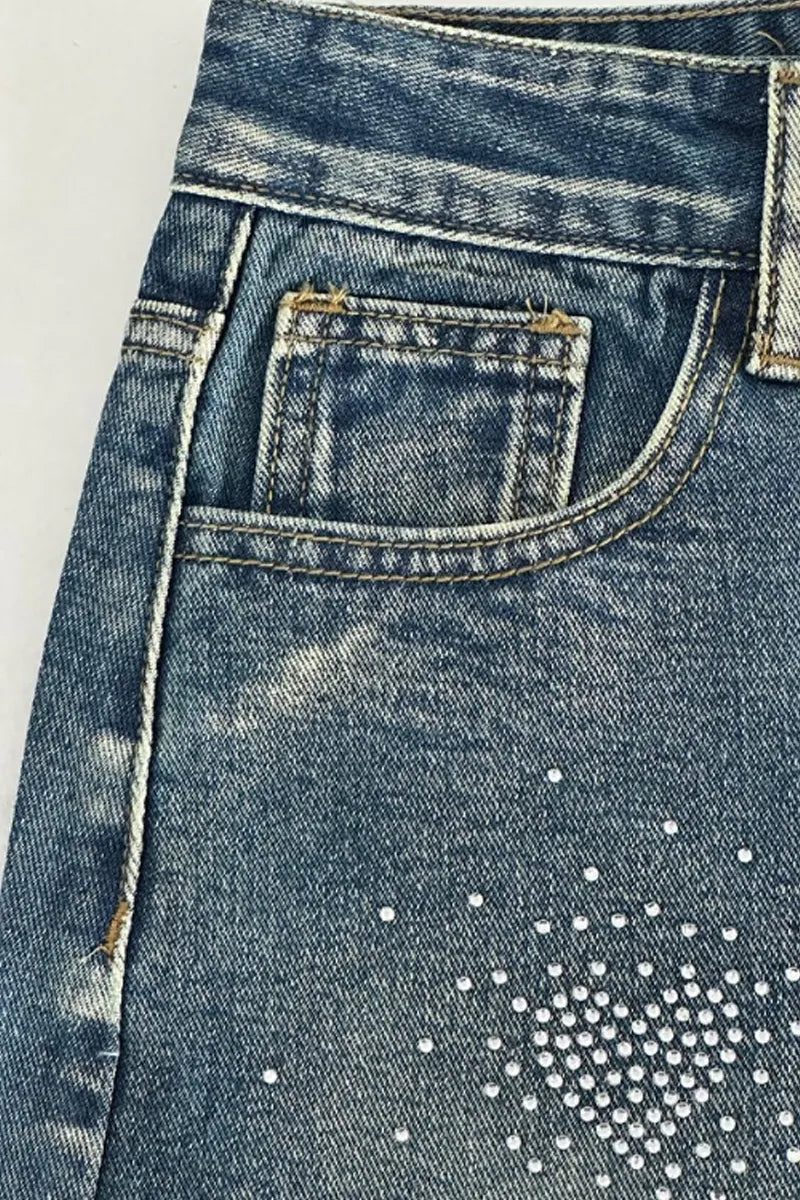 Ladies' Hot Selling Casual Washed Rhinestone Street Denim Shorts