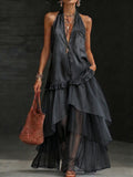 Boho Organza Hem Loose-fit Denim Maxi Dress