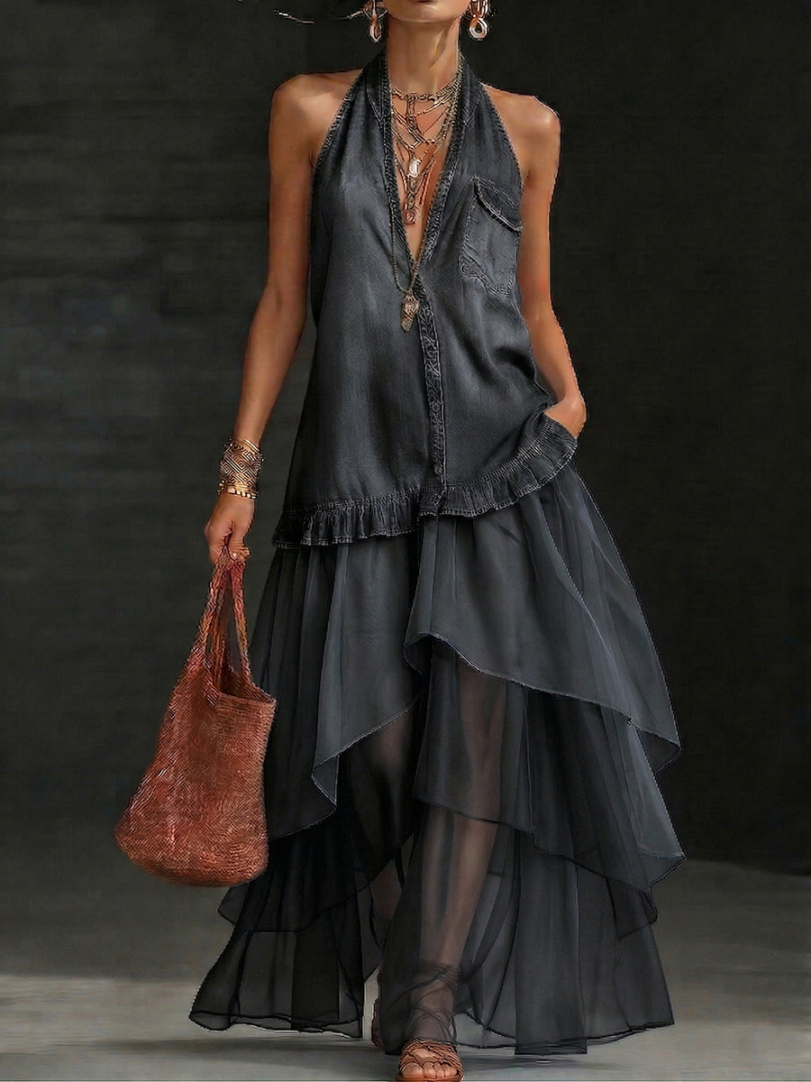 Boho Organza Hem Loose-fit Denim Maxi Dress