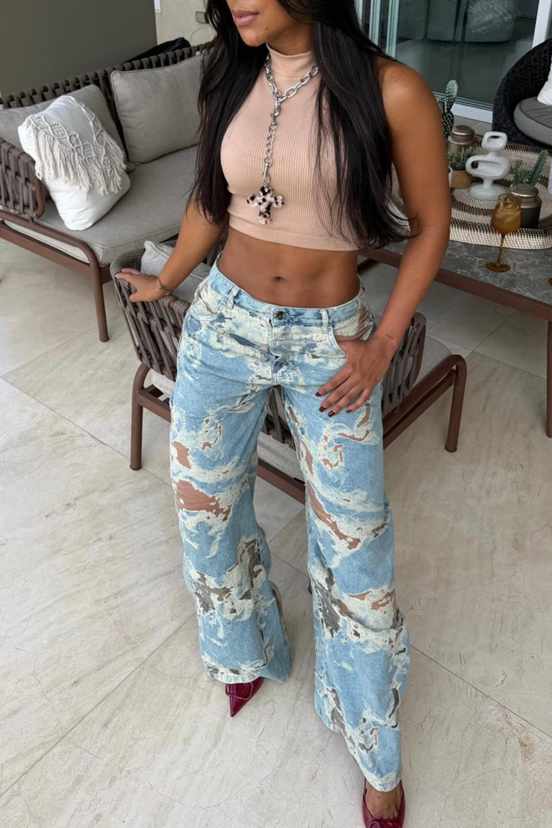 Women's Fashion Craft Sheer Wash Wide Leg Jeans