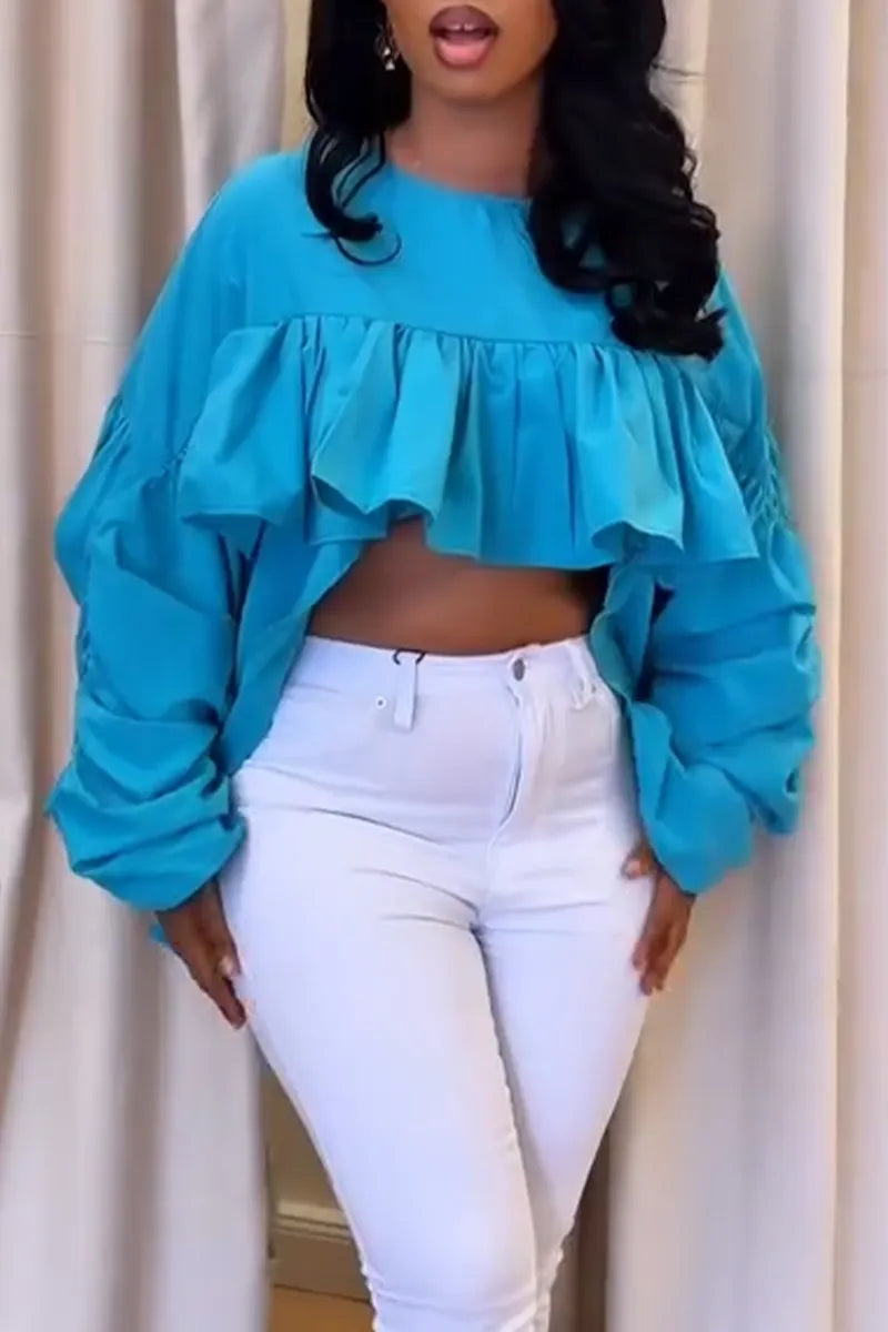 Women's Round Neck Spliced Solid Color Top or Tight Cropped Jeans
