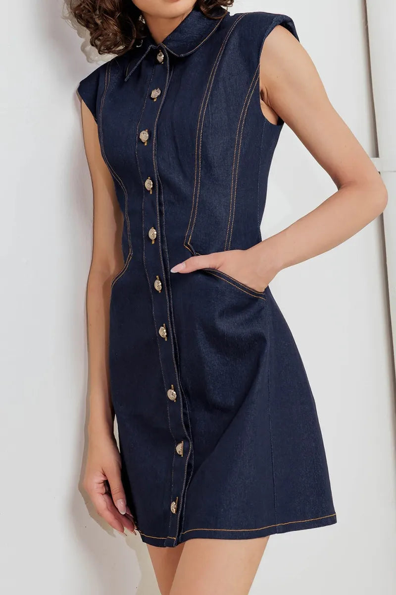 Women's Elegant Button Front Sleeveless Cropped Denim Dress