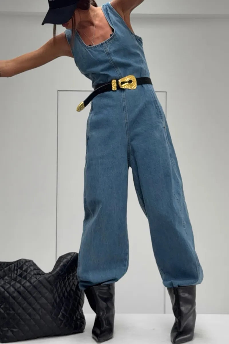 Women's Casual Denim Jumpsuit with Barrel Leg & Pockets