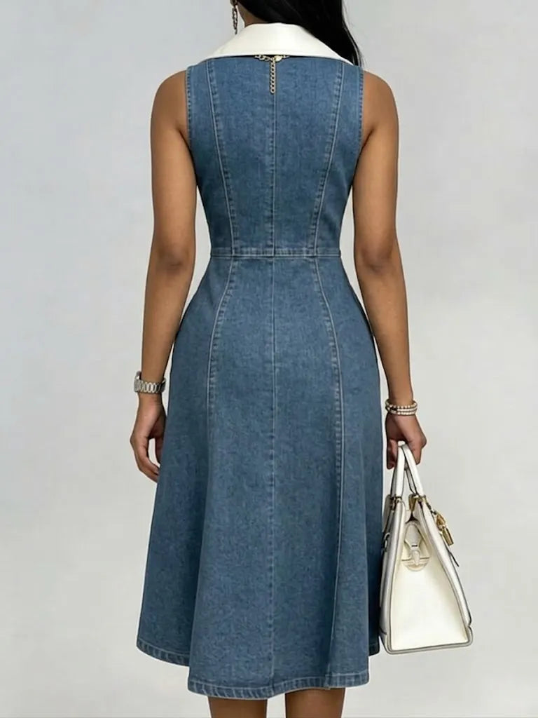 Stylish Collared, Sleeveless, Zip-front Denim Dress