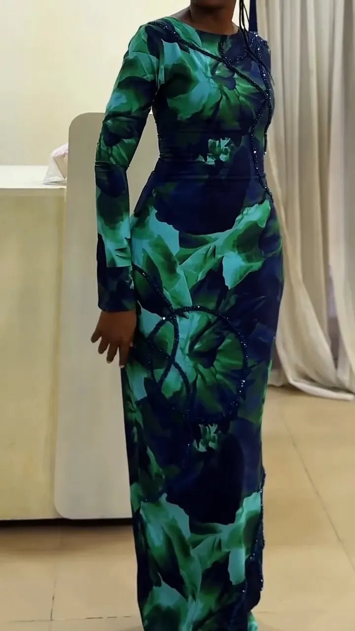 Women Round Neck Slim Fit Printed Patchwork Lines Elegant Temperament Maxi Dresses