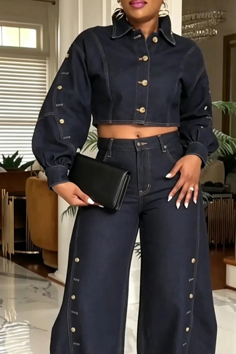 Women's Casual Button Decoration Denim Jacket or Curved Jeans