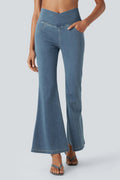 Women's High Waist Cross Over Flared Jeans With Elegant Draping