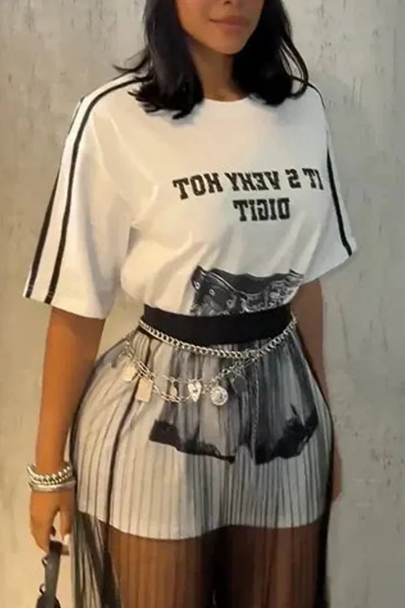Women's Elegant Casual Round Neck Printed Top or See Through Skirt