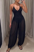 Women's Neck Hanging Splicing Perspective Sexy Casual Jumpsuit