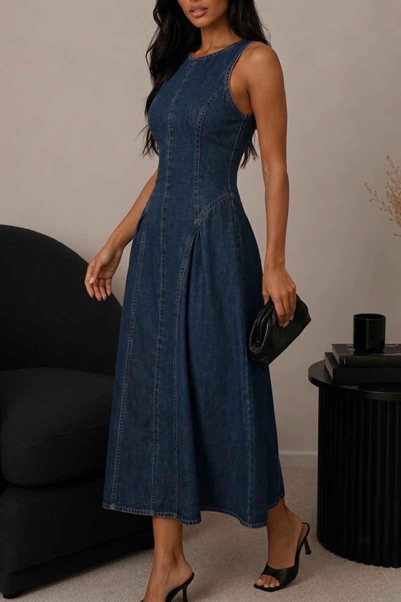 Women's Elegant Crewneck Backless A Line Hem Denim Dress