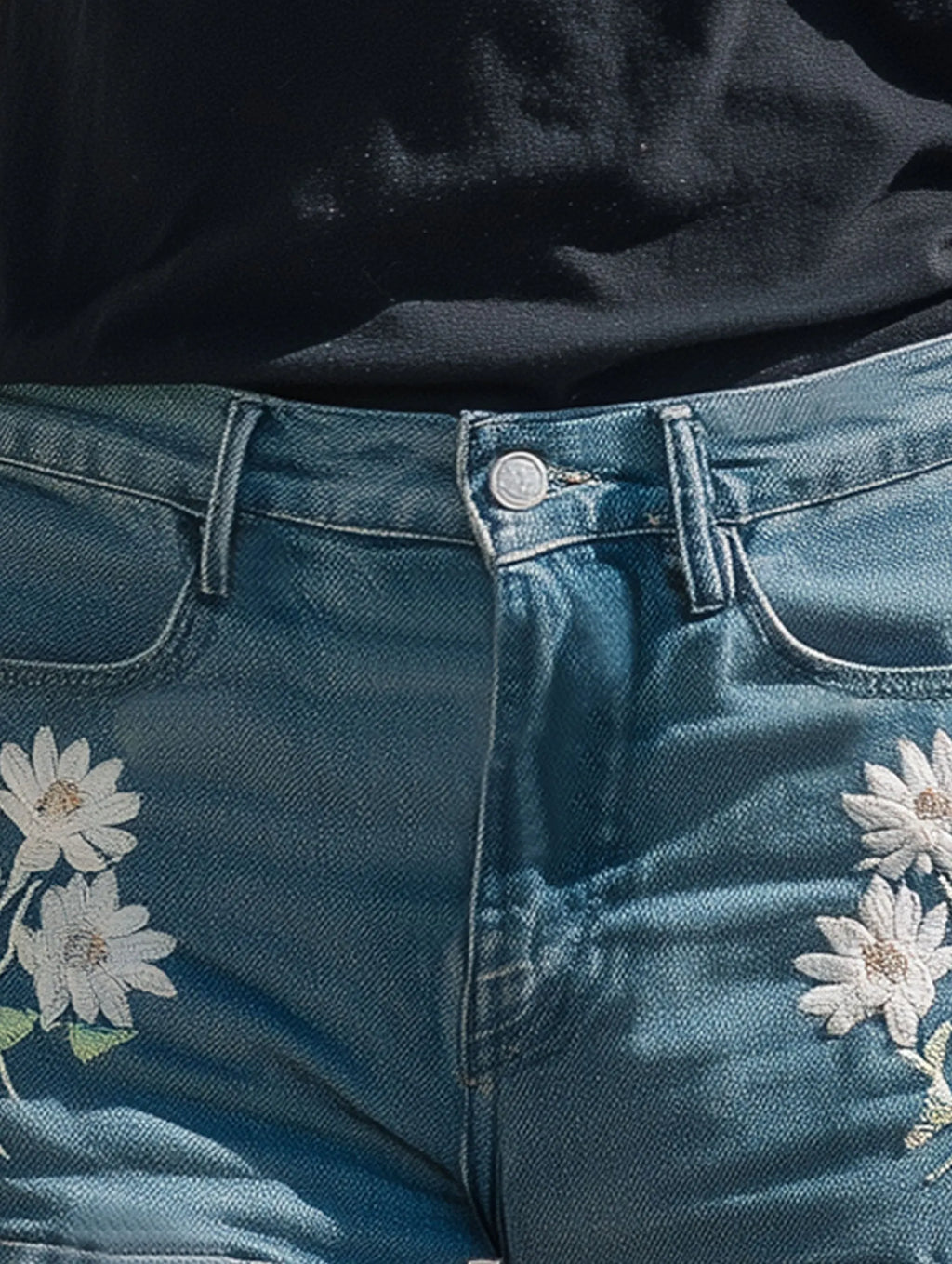 Vacation Casual Blue Denim Floral Embroidered Shorts
