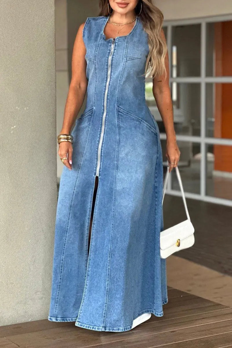 Women's Casual Zipper Slit Hem Denim Dress