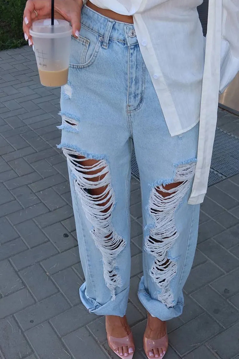 Women Light Wash High Waist Heavy Distressed Ripped Baggy Jeans