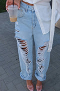 Women Light Wash High Waist Heavy Distressed Ripped Baggy Jeans