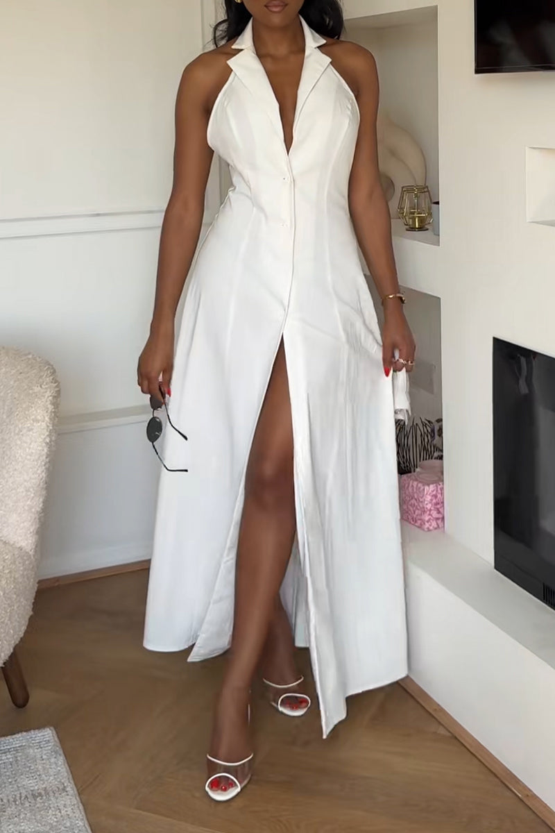 Women's Casual Lapel Backless Button Maxi Dress