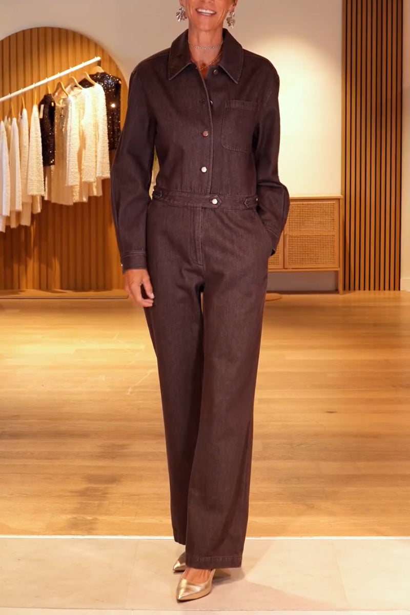 Women's Collar Patchwork Back Hollow Out Temperament Casual Denim Jumpsuit